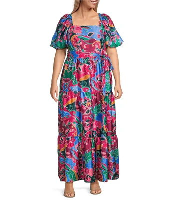 Eliza J Plus Size Square Neck Short Puffed Sleeve Crepe Satin A-Line Tiered Dress