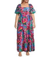 Eliza J Plus Size Square Neck Short Puffed Sleeve Crepe Satin A-Line Tiered Dress
