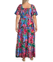 Eliza J Plus Size Square Neck Short Puffed Sleeve Crepe Satin A-Line Tiered Dress