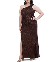 Eliza J Plus Size Stretch Sequin One Shoulder Sleeveless Twisted Waist Gown