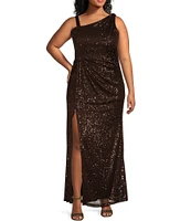 Eliza J Plus Size Stretch Sequin One Shoulder Sleeveless Twisted Waist Gown