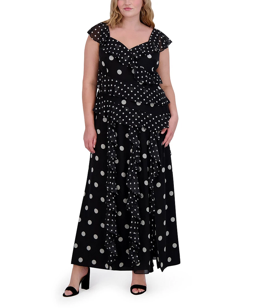 Eliza J Plus Size V Neck Flutter Sleeve Polka Dot Asymmetrical Ruffle Gown