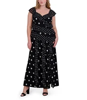 Eliza J Plus Size V Neck Flutter Sleeve Polka Dot Asymmetrical Ruffle Gown