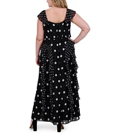 Eliza J Plus Size V Neck Flutter Sleeve Polka Dot Asymmetrical Ruffle Gown