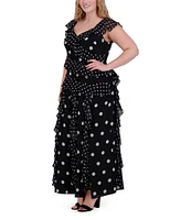 Eliza J Plus Size V Neck Flutter Sleeve Polka Dot Asymmetrical Ruffle Gown