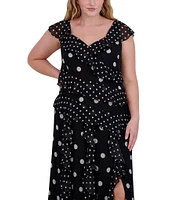 Eliza J Plus Size V Neck Flutter Sleeve Polka Dot Asymmetrical Ruffle Gown