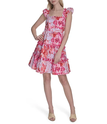 Eliza J Poplin Floral Print Square Neck Cap Sleeve Fit and Flare Mini Dress