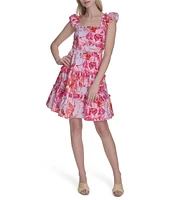 Eliza J Poplin Floral Print Square Neck Cap Sleeve Fit and Flare Mini Dress