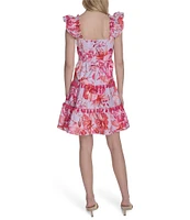 Eliza J Poplin Floral Print Square Neck Cap Sleeve Fit and Flare Mini Dress