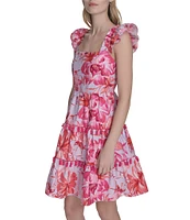 Eliza J Poplin Floral Print Square Neck Cap Sleeve Fit and Flare Mini Dress