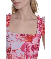 Eliza J Poplin Floral Print Square Neck Cap Sleeve Fit and Flare Mini Dress