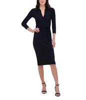 Eliza J Ribbed Split V Collar Neck Long Sleeve Tie Waist Midi Dress