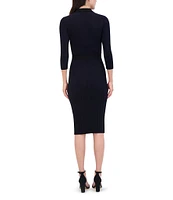 Eliza J Ribbed Split V Collar Neck Long Sleeve Tie Waist Midi Dress