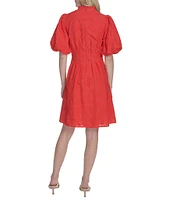 Eliza J Ruffle Stand Collar Short Puff Sleeve Emrboidered Cotton Fit & Flare Dress