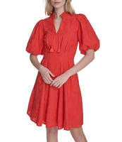 Eliza J Ruffle Stand Collar Short Puff Sleeve Emrboidered Cotton Fit & Flare Dress