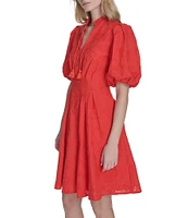 Eliza J Ruffle Stand Collar Short Puff Sleeve Emrboidered Cotton Fit & Flare Dress
