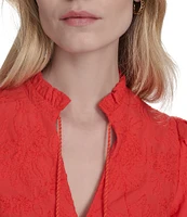 Eliza J Ruffle Stand Collar Short Puff Sleeve Emrboidered Cotton Fit & Flare Dress
