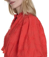 Eliza J Ruffle Stand Collar Short Puff Sleeve Emrboidered Cotton Fit & Flare Dress