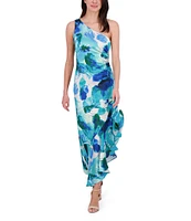 Eliza J Satin Floral Print One-Shoulder Neck Sleeveless Ruffle Asymmetrical Hem Midi Dress