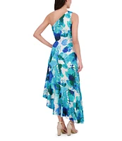 Eliza J Satin Floral Print One-Shoulder Neck Sleeveless Ruffle Asymmetrical Hem Midi Dress