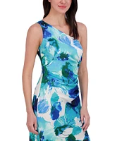 Eliza J Satin Floral Print One-Shoulder Neck Sleeveless Ruffle Asymmetrical Hem Midi Dress