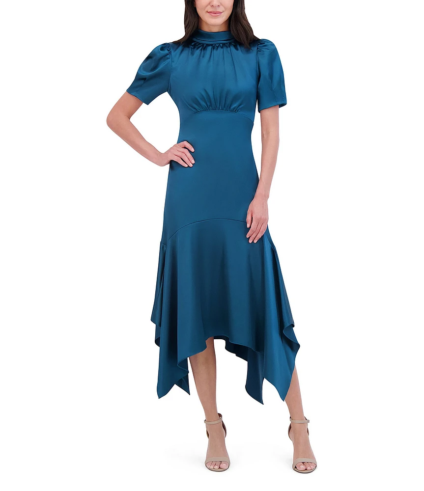 Eliza J Satin Mock Neck Short Puff Sleeve Tie Back Hanky Hem Midi Dress