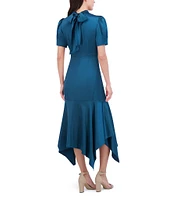 Eliza J Satin Mock Neck Short Puff Sleeve Tie Back Hanky Hem Midi Dress