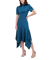 Eliza J Satin Mock Neck Short Puff Sleeve Tie Back Hanky Hem Midi Dress