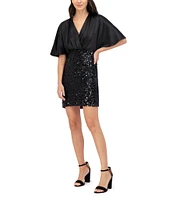 Eliza J Satin Paillettes V-Neck Elbow Flutter Sleeve Mini Dress