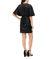 Eliza J Satin Paillettes V-Neck Elbow Flutter Sleeve Mini Dress