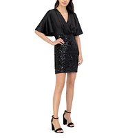 Eliza J Satin Paillettes V-Neck Elbow Flutter Sleeve Mini Dress