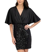 Eliza J Satin Paillettes V-Neck Elbow Flutter Sleeve Mini Dress