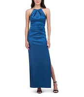 Eliza J Satin Round Halter Neck Sleeveless Pleated Column Gown