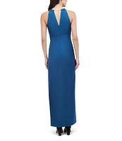 Eliza J Satin Round Halter Neck Sleeveless Pleated Column Gown