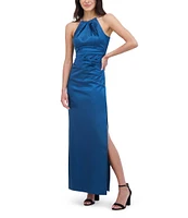 Eliza J Satin Round Halter Neck Sleeveless Pleated Column Gown