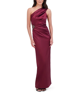 Eliza J Satin Sash One Shoulder Sleeveless Pleated Sequin Applique Gown