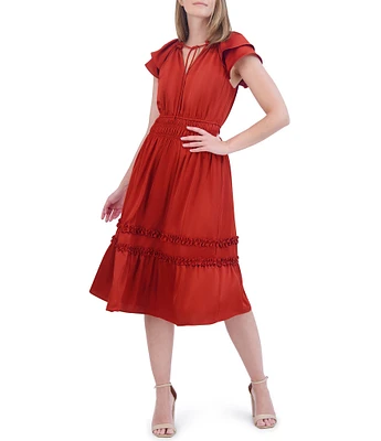 Eliza J Satin Split Round Tie Neck Short Tiered Ruffle Sleeve Smocked Tiered Midi Dress