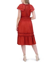 Eliza J Satin Split Round Tie Neck Short Tiered Ruffle Sleeve Smocked Tiered Midi Dress