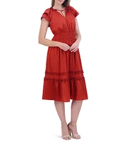 Eliza J Satin Split Round Tie Neck Short Tiered Ruffle Sleeve Smocked Tiered Midi Dress