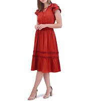 Eliza J Satin Split Round Tie Neck Short Tiered Ruffle Sleeve Smocked Tiered Midi Dress