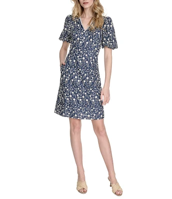 Eliza J Scallop V-Neck Puff Sleeve Embroidered Denim A-Line Dress