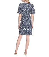 Eliza J Scallop V-Neck Puff Sleeve Embroidered Denim A-Line Dress