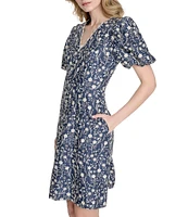 Eliza J Scallop V-Neck Puff Sleeve Embroidered Denim A-Line Dress