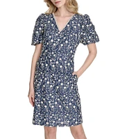 Eliza J Scallop V-Neck Puff Sleeve Embroidered Denim A-Line Dress