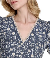 Eliza J Scallop V-Neck Puff Sleeve Embroidered Denim A-Line Dress