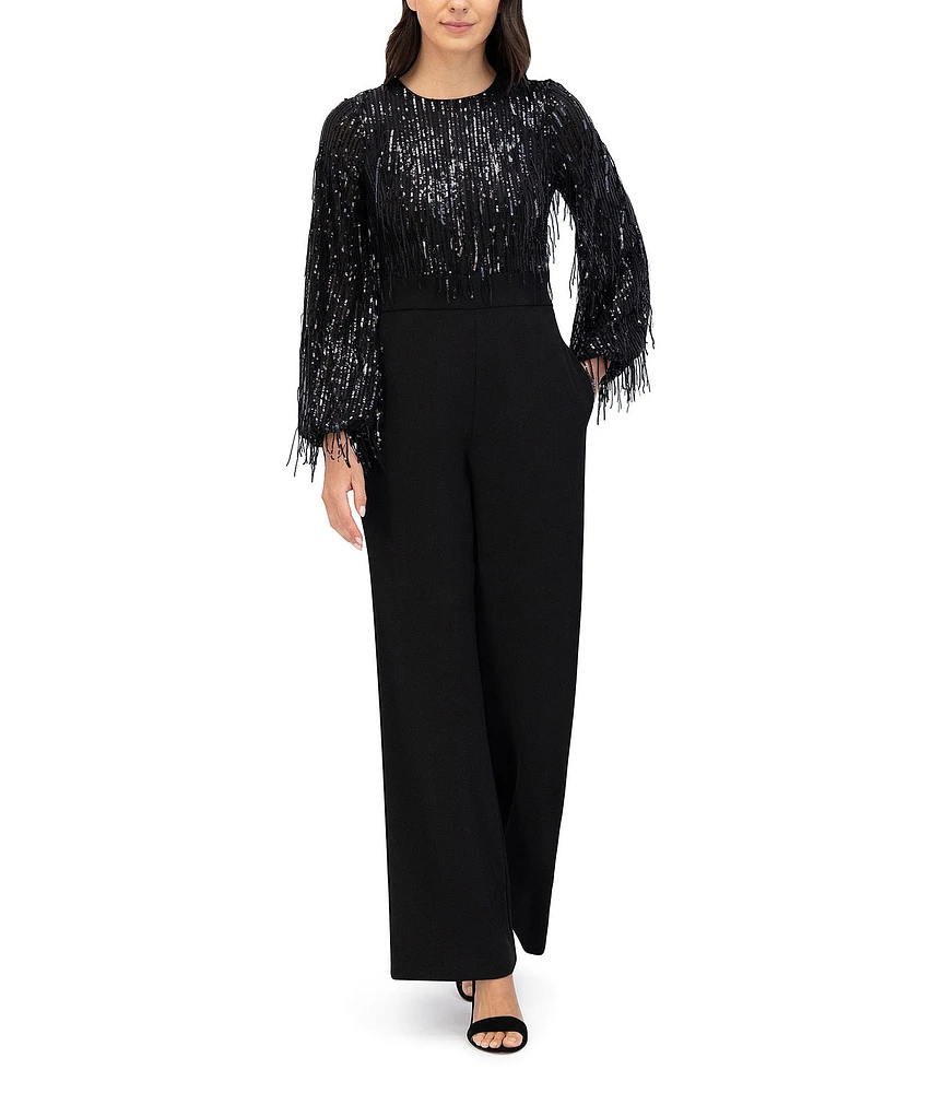 Eliza J Scuab Crepe Sequin Fringe Round Neck Long Sleeve Straight Leg Jumpsuit