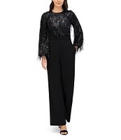 Eliza J Scuab Crepe Sequin Fringe Round Neck Long Sleeve Straight Leg Jumpsuit