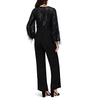 Eliza J Scuab Crepe Sequin Fringe Round Neck Long Sleeve Straight Leg Jumpsuit