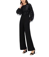 Eliza J Scuab Crepe Sequin Fringe Round Neck Long Sleeve Straight Leg Jumpsuit