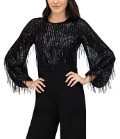 Eliza J Scuab Crepe Sequin Fringe Round Neck Long Sleeve Straight Leg Jumpsuit